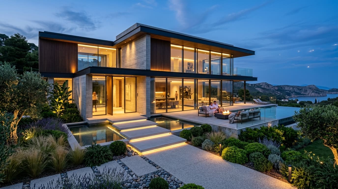 Vilă contemporană de lux recent finalizată la amurg cu finisaje de autor și piscină iluminată