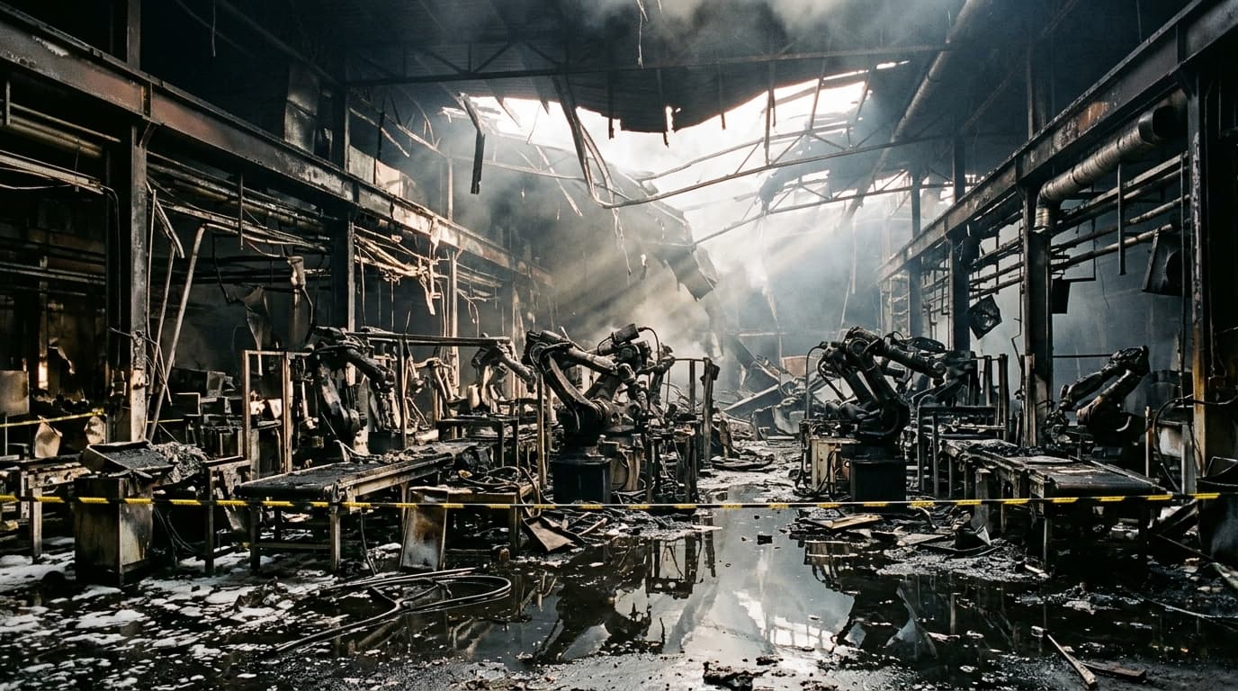 Hală industrială de producție cu linii robotizate și utilaje complet distruse în incendiu, activitate de fabricație sistată