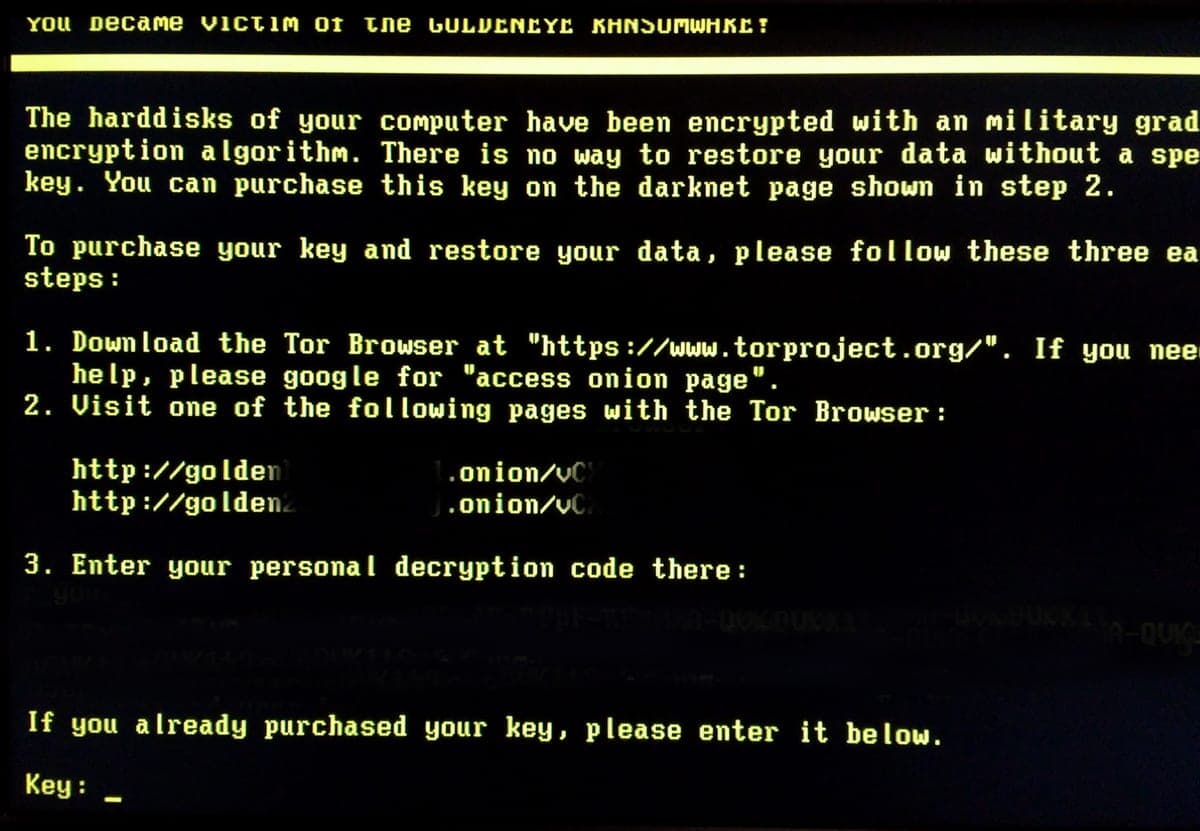 Ecran de server blocat complet prin atac de criptare malware GoldenEye ransomware