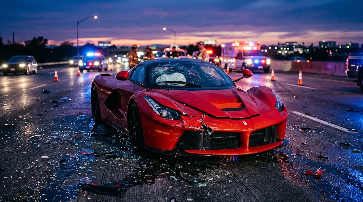 Automobil de lux distrus în coliziune gravă pe carosabil umed