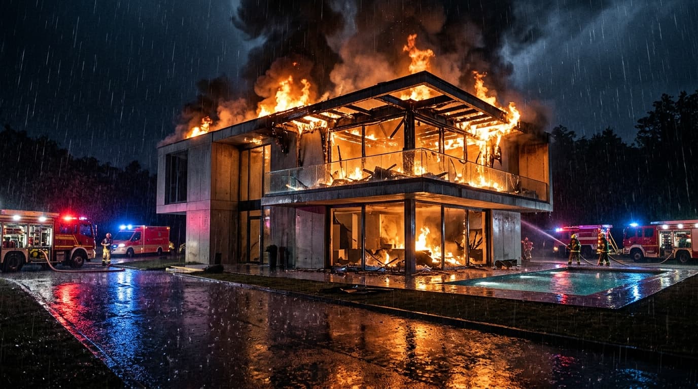 Incendiu violent la vilă rezidențială modernă cu autospeciale de intervenție
